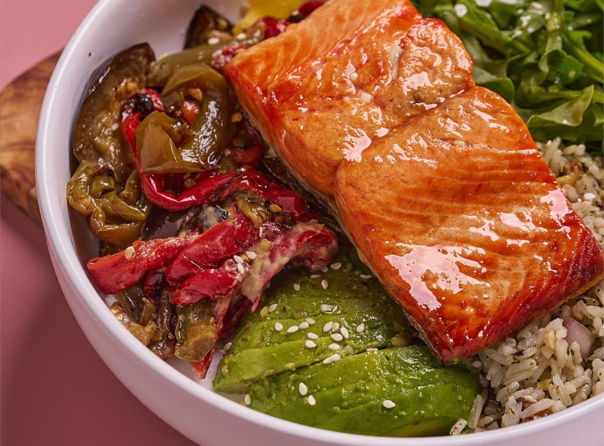 Mediterranean salmon bowl with grilled salmon and fresh ingredients at Bobe Kitchen in Miami